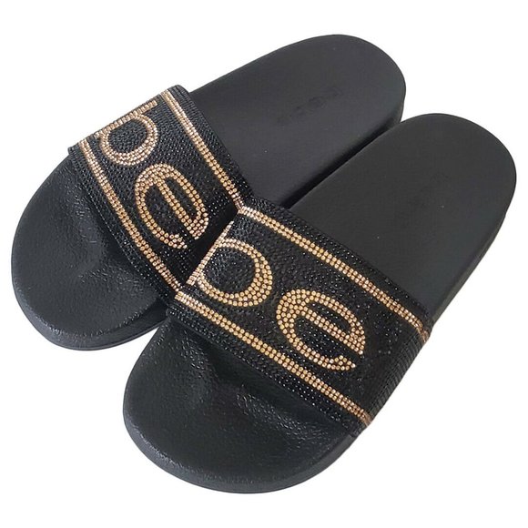 NWT BEBE WOMEN'S BLACK RHINESTONES SLIDES SANDALS - Picture 3 of 8